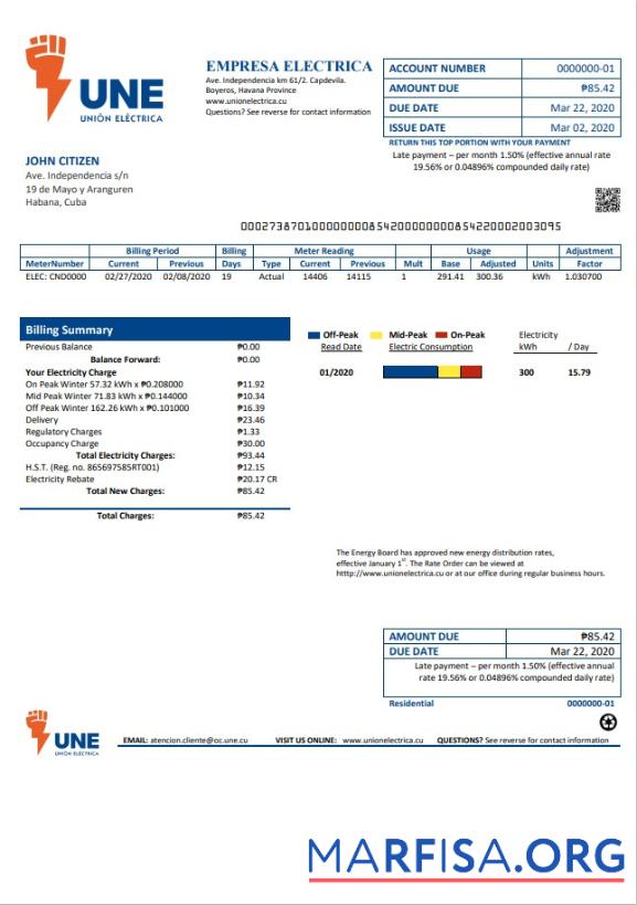 Downloadable Cuba Empresa Electrica utility bill sample